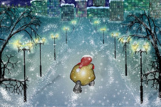 Santa Claus in Christmas snow scene. Christmas greeting card. Christmas night cityscape with urban lights and skyscrapers. Santa Claus carry presents and gift. Stock illustration