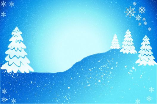 Winter season holidays background with winter landscape, snowflakes, trees on blue background. Vintage Christmas or New year greeting card with fir and snow. Stock illustration