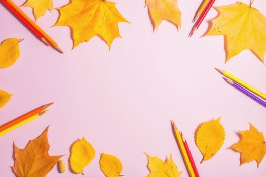 .Autumn fallen foliage and stationery on pink background