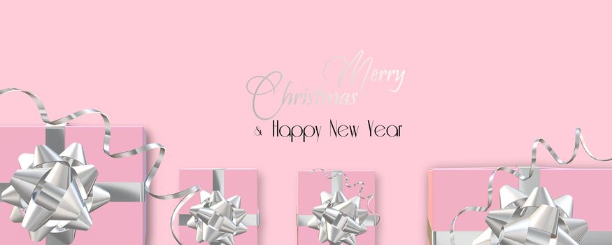 Christmas luxury background with realistic pink gift boxes with silver bow on pink background. Silver text Merry Christmas Happy New Year. Horizontal Illustration