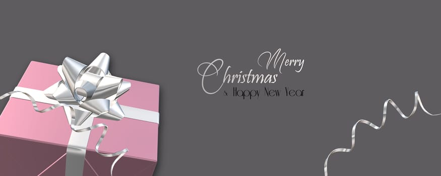 Christmas luxury design with realistic shiny pink gift box with bow, glossy serpentine on pastel background. Silver text Merry Christmas Happy New Year. Illustration. Horizontal banner