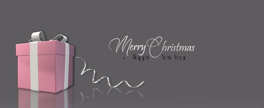 Elegant Christmas luxury background with realistic shiny pink gold gift box, bow, glossy serpentine on pastel background. Silver text Merry Christmas Happy New Year. Illustration. Horizontal banner