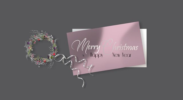 Christmas holiday background in luxury pink. Floral wreath, serpentine over dark background. Silver text Merry Christmas Happy New Year. Elegant horizontal banner. Copy space, mock. 3D Illustration