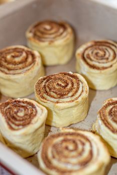 Rolled cinnamon dough on a baking sheet in the oven. Cooking buns.