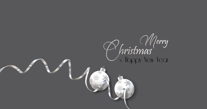 Christmas New Year minimalist background with silver serpentine, Xmas shiny balls with snowflakes on dark pastel background, text Merry Christmas Happy New Year, 3D illustration