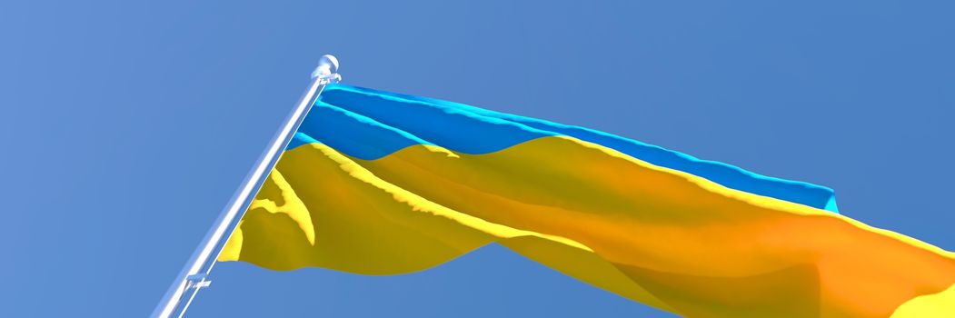 3D rendering of the national flag of Ukraine waving in the wind against a blue sky