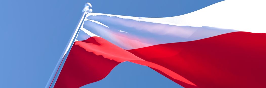 3D rendering of the national flag of Poland waving in the wind against a blue sky