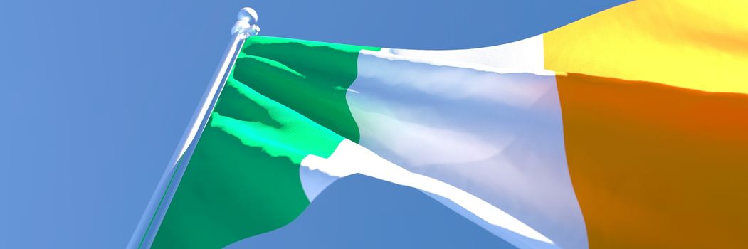 3D rendering of the national flag of Ireland waving in the wind against a blue sky