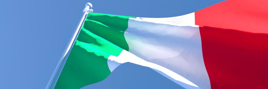 3D rendering of the national flag of Italy waving in the wind against a blue sky