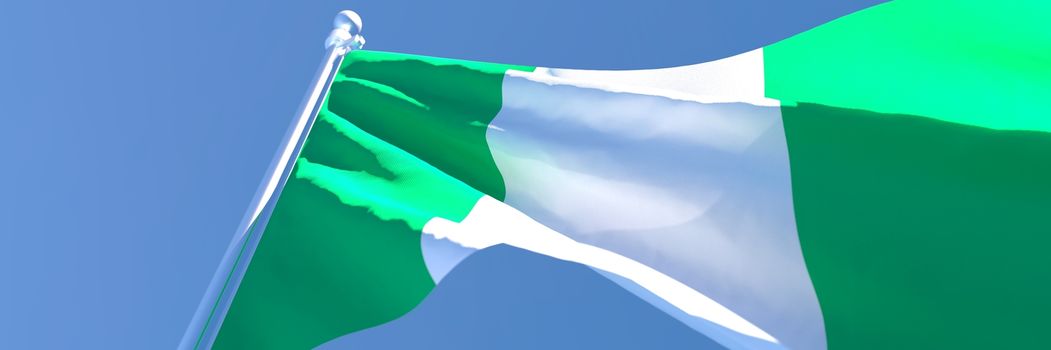 3D rendering of the national flag of Nigeria waving in the wind against a blue sky