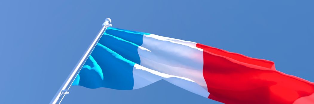 3D rendering of the national flag of France waving in the wind against a blue sky