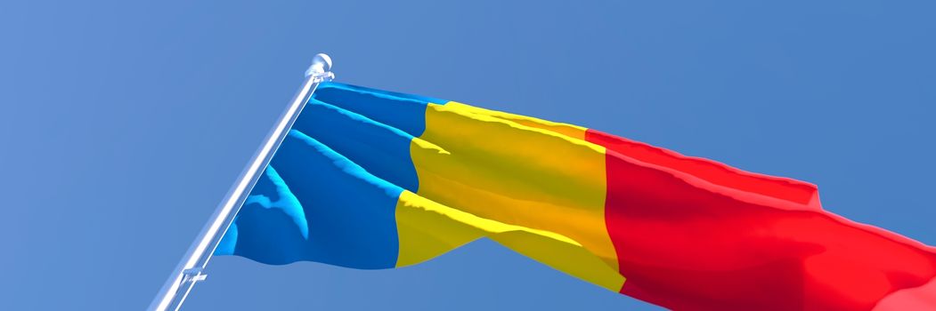 3D rendering of the national flag of Chad waving in the wind against a blue sky