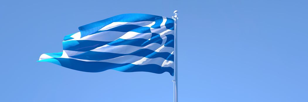 3D rendering of the national flag of Greece waving in the wind against a blue sky