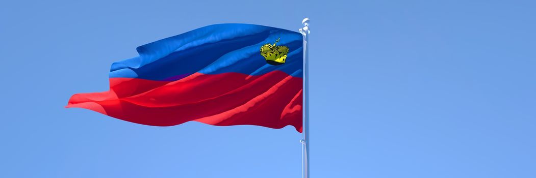 3D rendering of the national flag of Liechtenstein waving in the wind against a blue sky