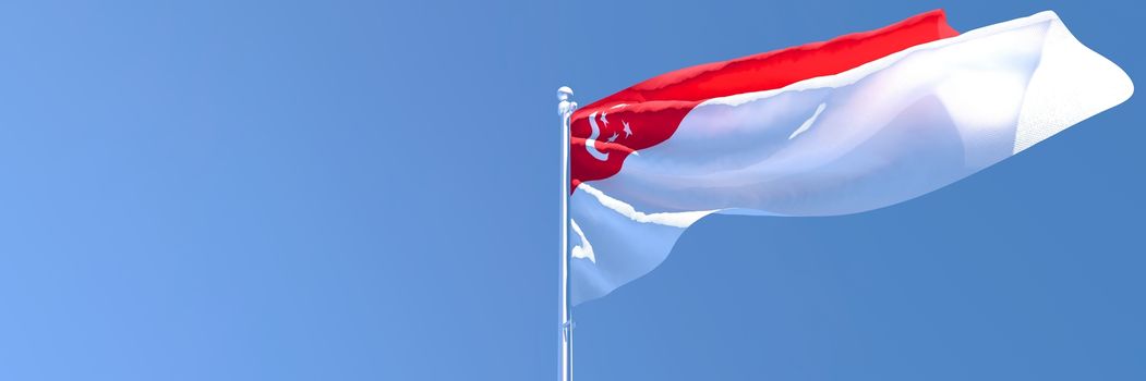 3D rendering of the national flag of Singapore waving in the wind against a blue sky