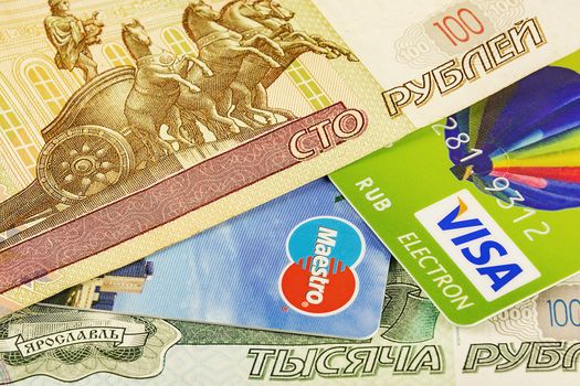 Part of the bank card cashless systems platezhnyhy Visa and Master Card and parts of Russian rubles banknotes