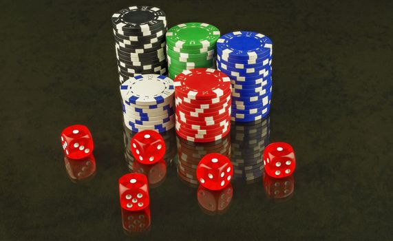 Red cubes for poker are reflected in the glass surface