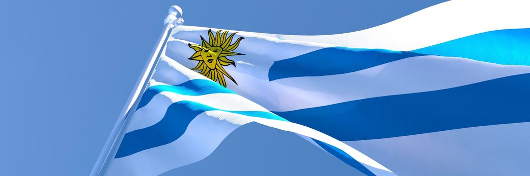 3D rendering of the national flag of Uruguay waving in the wind against a blue sky