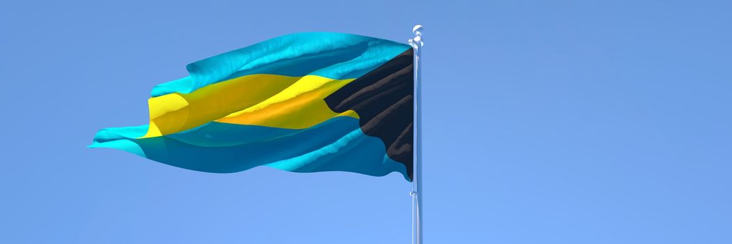 3D rendering of the national flag of Bahama islands waving in the wind against a blue sky