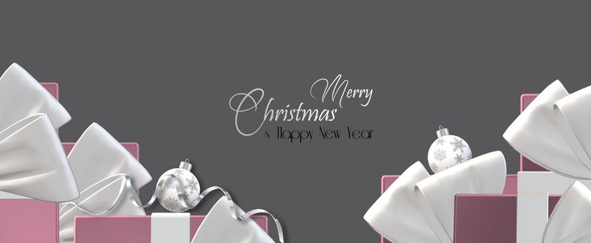 Elegant Christmas luxury background with realistic shiny pink gold gift boxes with bow, balls, glossy serpentine on pastel horizontal background. Text Merry Christmas Happy New Year. 3D Illustration.