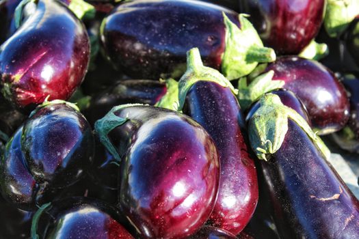 Aubergine for sale at a farmer market stall in Santa Pola, Alicante, Spain