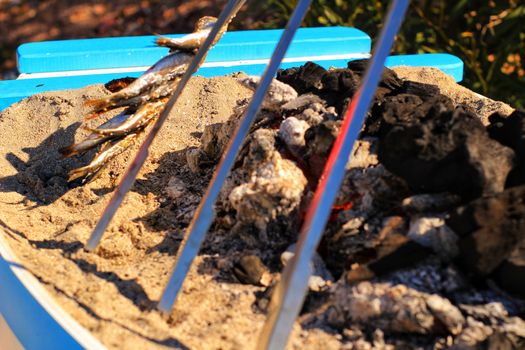 Roasted sardines on a spit in southern Spain