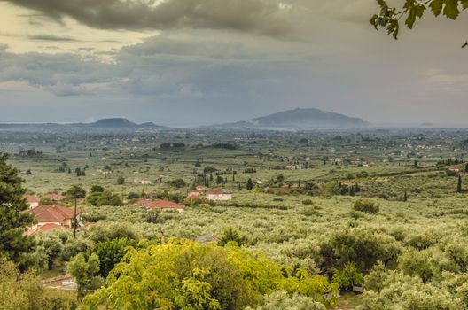 Interior panorama of the island of zakynthos with its vegetation and mountains on a cloudy day