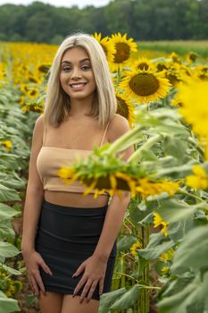 A gorgeous young blonde model poses outdoors in a field of sunflowers while enjoying a summers day