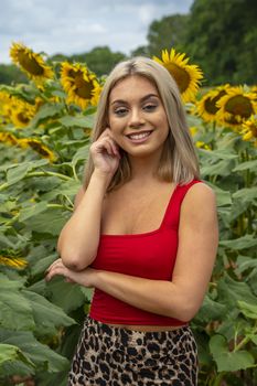 A gorgeous young blonde model poses outdoors in a field of sunflowers while enjoying a summers day