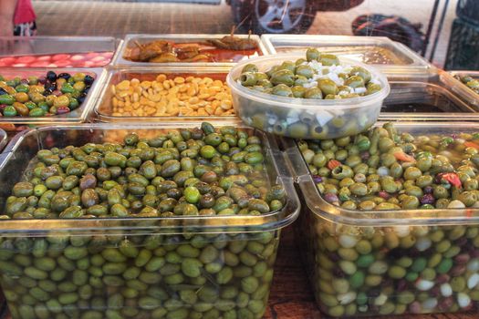 Olives and pickles at a market stall in Alicante