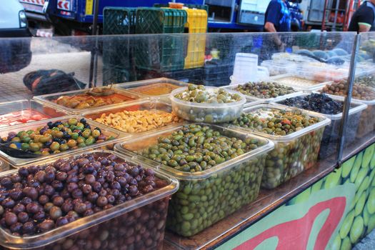 Olives and pickles at a market stall in Alicante