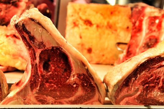 Big pieces of Galician red meat in the butcher shop