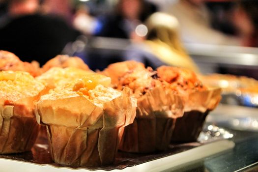 Tasty muffins texture in a pastry shop