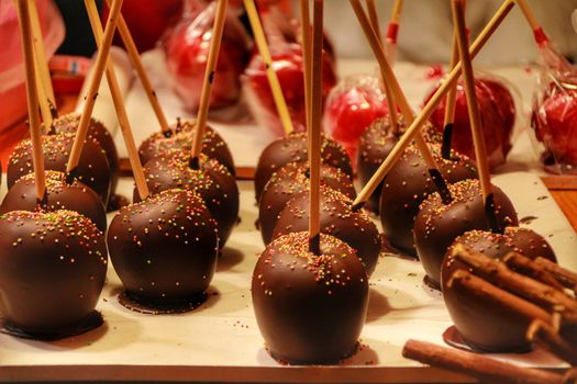 Tasty chocolate dipped apples at a street stall