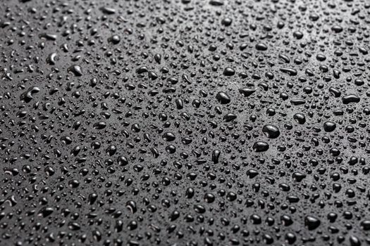 water drops on abstract flat black hydrophobic surface macro background with selective focus and blur