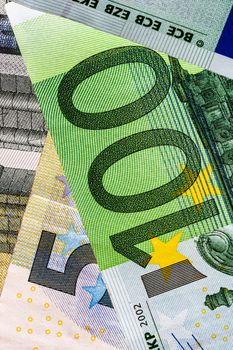 Close up of money euro banknotes, background of money euro isolated.