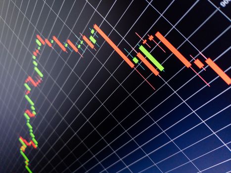 Abstract simple candlestick chart on dark blue digital screen. Display of quotes pricing graph visualization. Stock market data chart, graph with grid on blue background.
