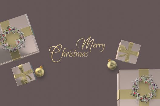 Elegant Christmas design in pink gold colour with Xmas gift boxes decorated by floral wreath, balls on pastel dark background. Gold text Merry Christmas. 3D illustration