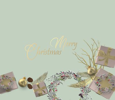 Romantic Christmas background over pastel green. Pink gold realistic boxes with bow, Xmas floral wreath, gold decoration in 3D illustration. GOld text Merry Christmas
