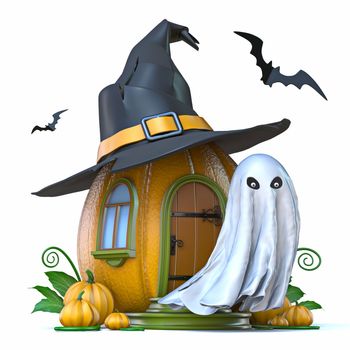 Ghost in front of pumpkin house 3D render illustration isolated on white background