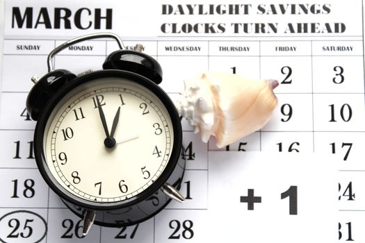 Daylight Savings Spring Forward sunday at 1:00 a.m. March 25 date indicated in the calendar. Clock next to a conch.