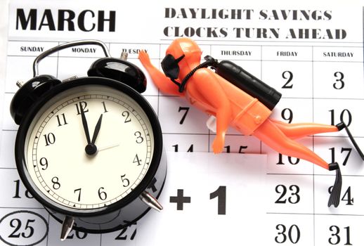 Daylight Savings Spring Forward sunday at 1:00 a.m. March 25 date indicated in the calendar. Clock next to a toy diver.