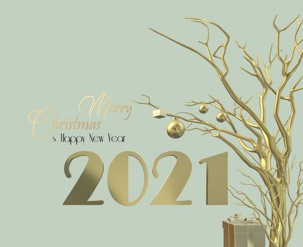 Happy New Year 2021 design. Gold arrangement of digit 2021, Christmas decoration hanging on gold tree over pistachio geen pastel background. Text Merry Christmas Happy New Year, 3D illustration