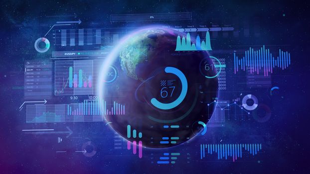 Planet Earth surrounded by multi-colored graphs and charts on a background of a star outer space.