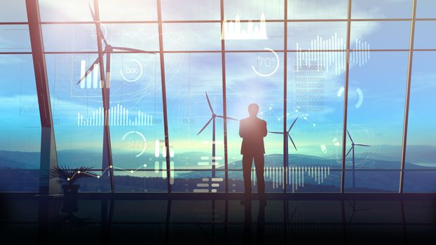 A businessman standing opposite virtual infographic data and panoramic window of his large office against the backdrop of a wind farm.