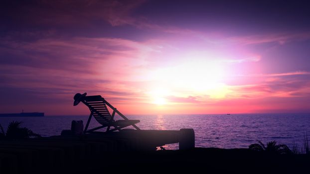 Against the backdrop of a purple sunset, a lonely deck chair on an empty shore.