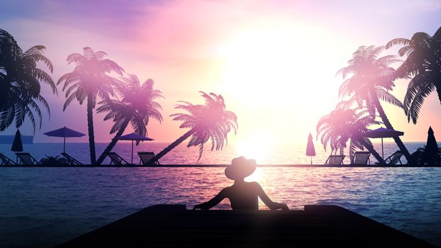 Silhouette of a woman resting on a wooden pier at a resort beach on a tropical sunset background.