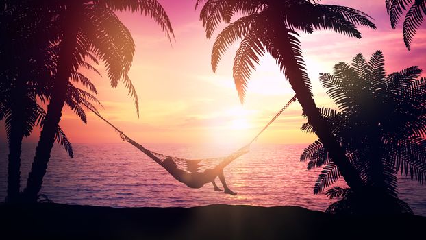 Silhouette of a man resting in a hammock on the beach during sunset.