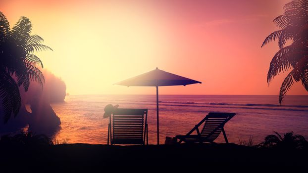 Beach umbrella and deck chairs on a background of sea sunset.