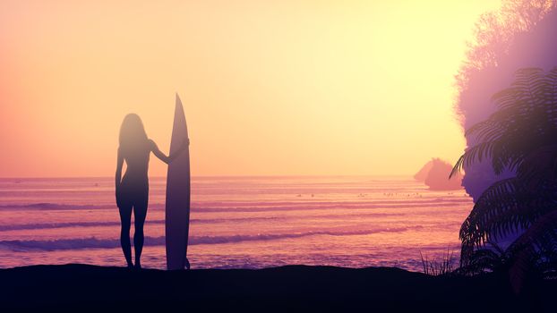 Silhouette of a surfer woman on a background of bright red sunset.